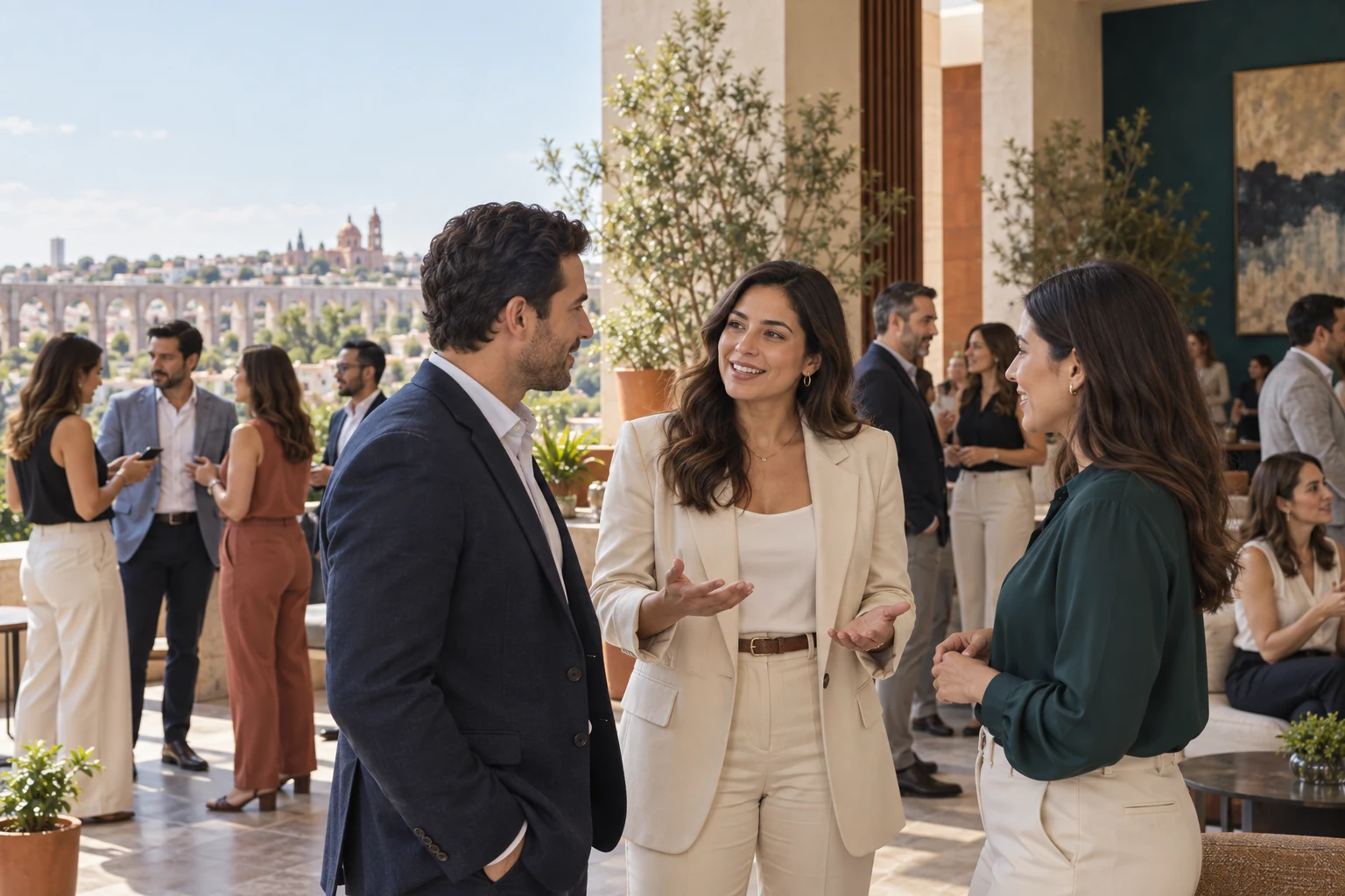 Profesional conecta a dos personas durante un encuentro de negocios