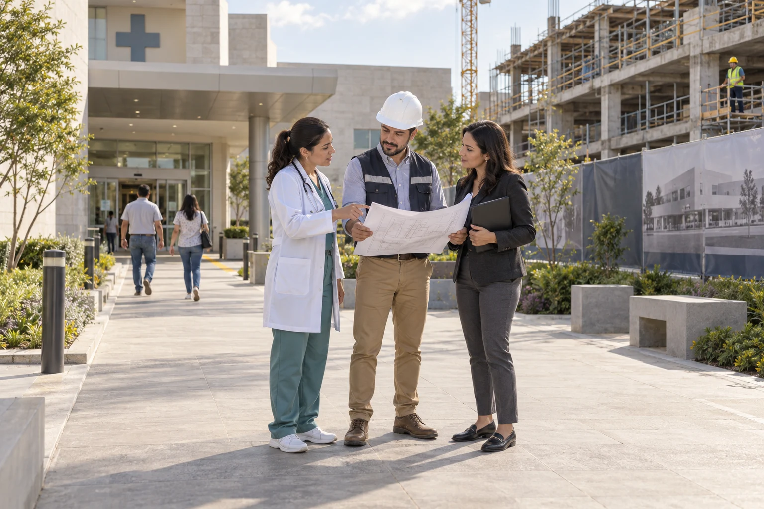 Médica, arquitecto y asesora conversan frente a un hospital en ampliación, con visitantes en el acceso