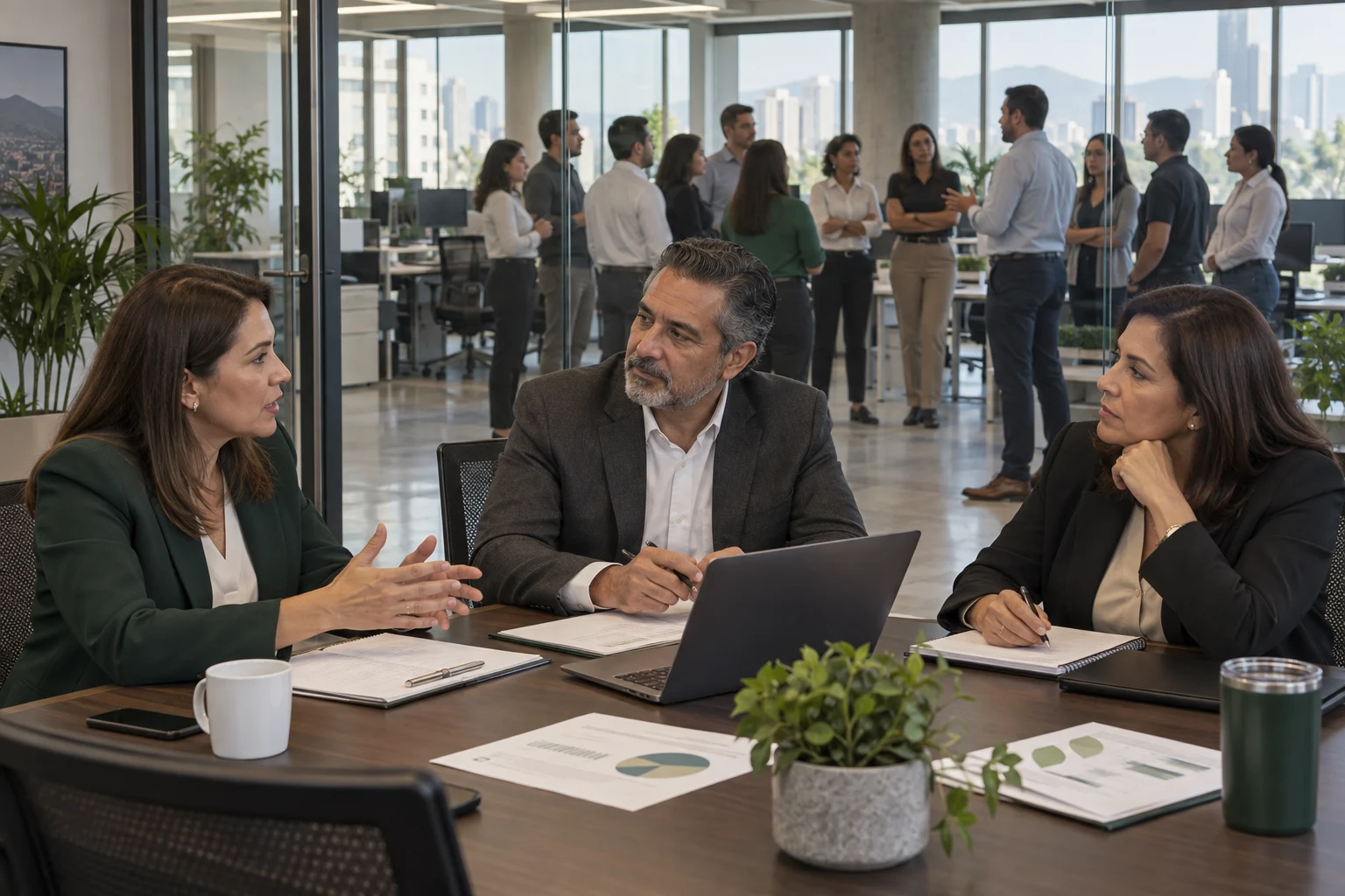 Directivos conversan en una sala de cristal mientras el equipo se reúne al fondo