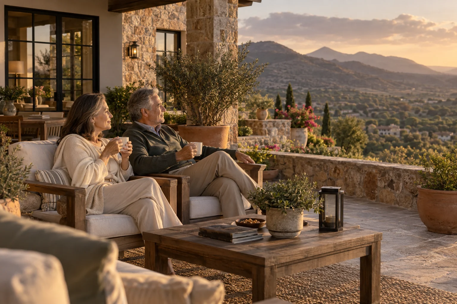 Pareja disfrutando de su retiro en una casa con vista a las montañas
