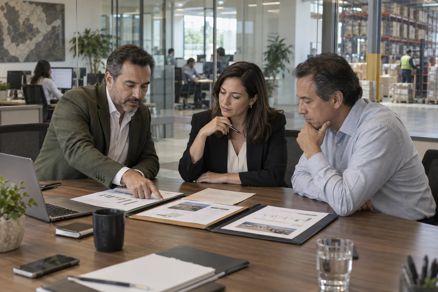Asesor y responsables de empresa comparan alternativas con la operación visible al fondo